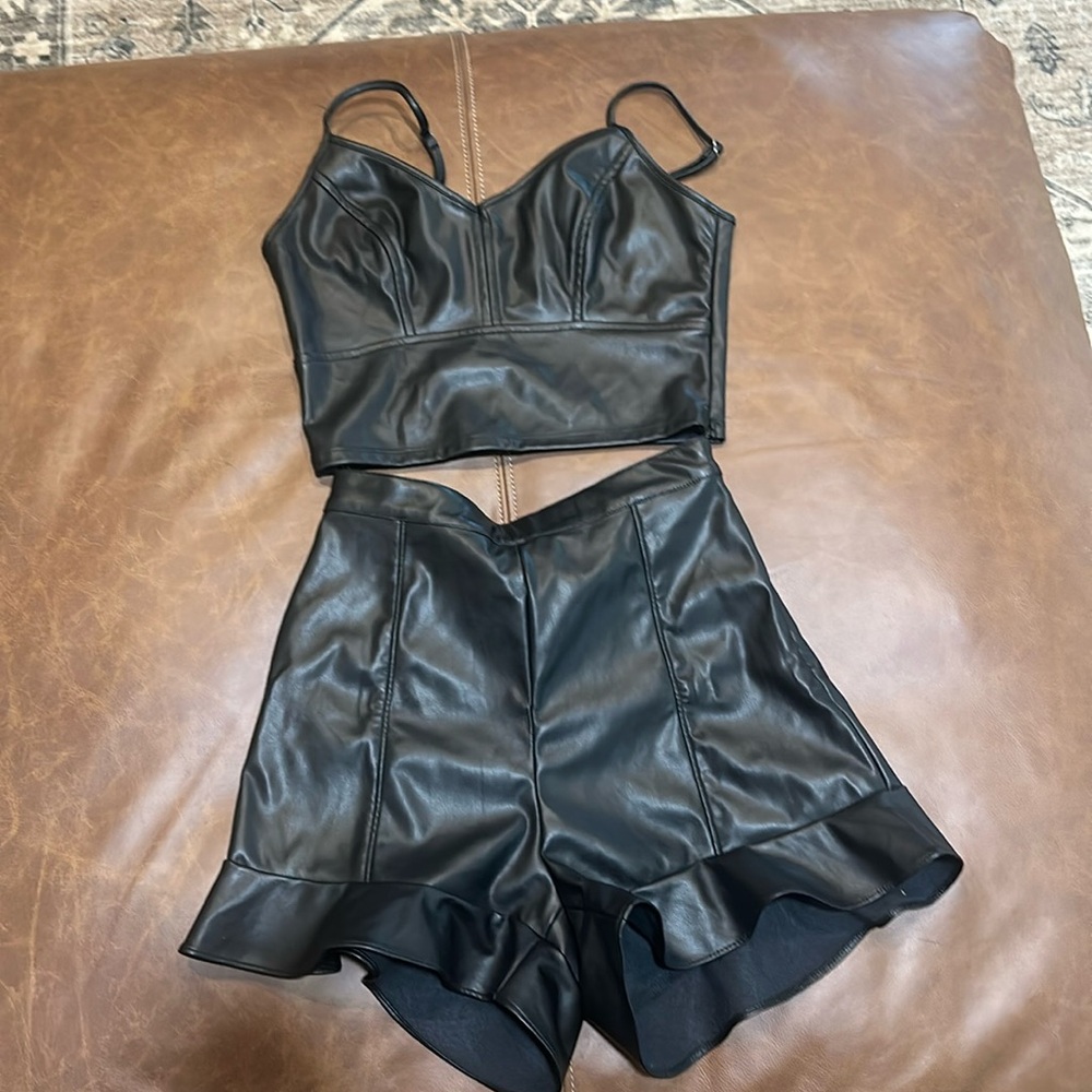 Boutique black faux leather, two-piece crop top and short set